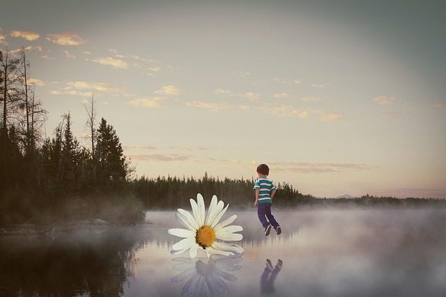 A person standing in water near a flower.