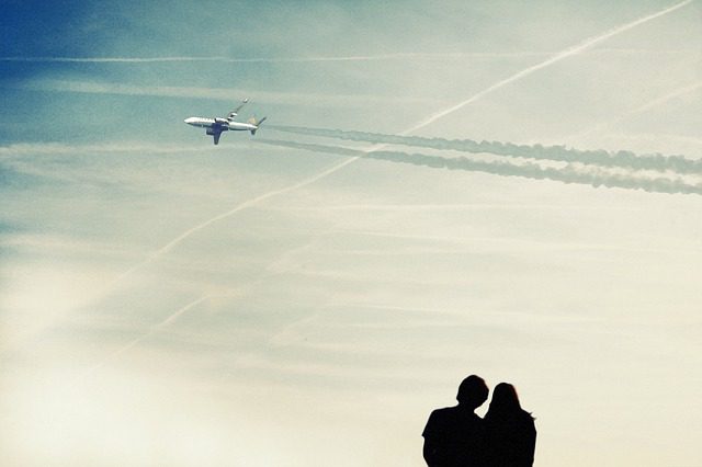 A couple is looking at an airplane flying in the sky.