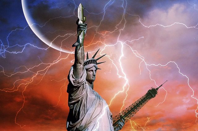 A painting of the statue of liberty with lightning behind it.